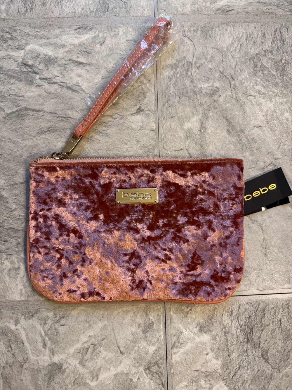 bebe Rose Pink Crushed Velvet Wristlet Clutch
